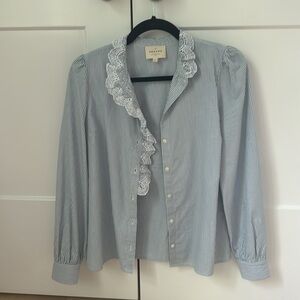 Sezane Blue Striped Blouse with Lace Detail